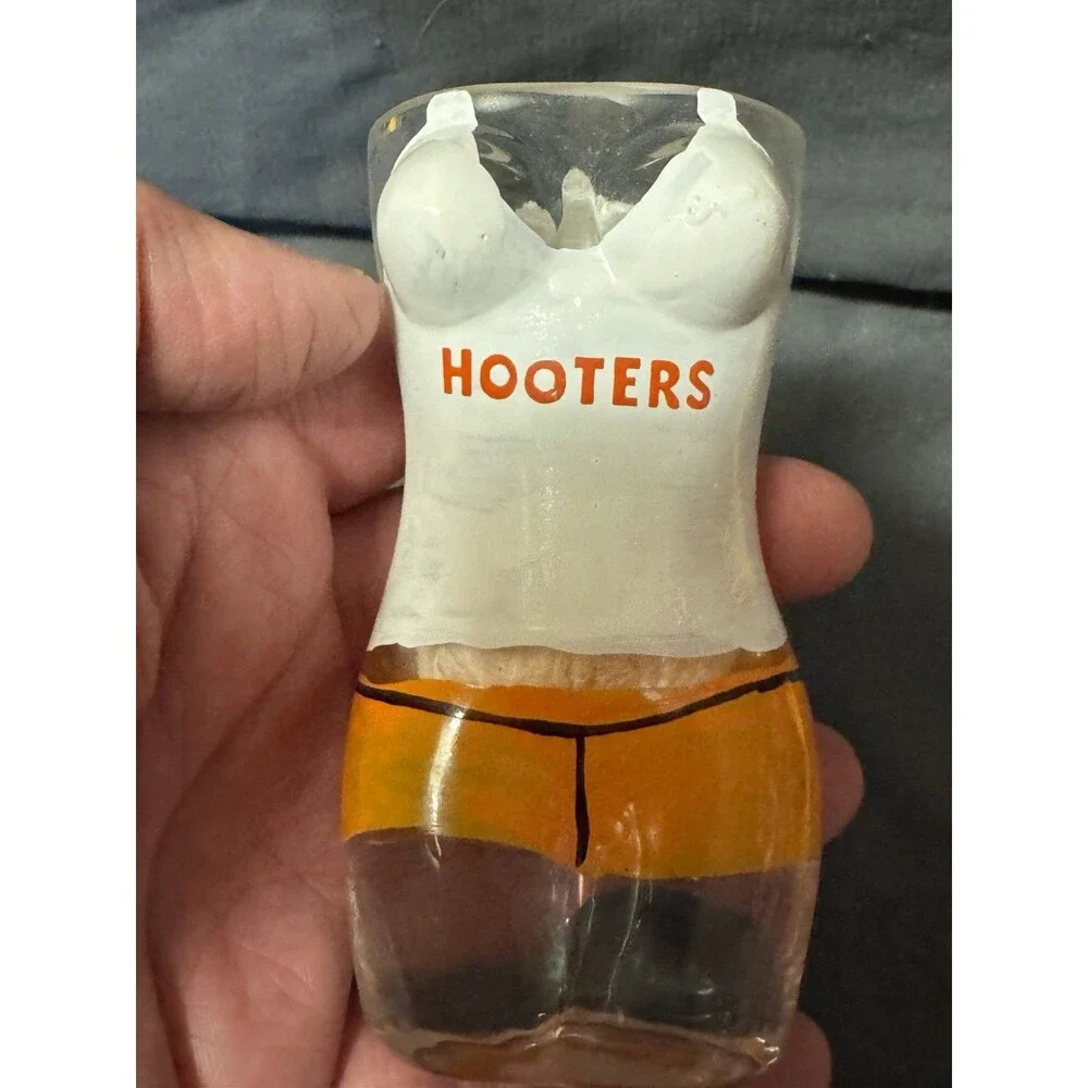 Vintage Hooters Girl Body Figural Shot Glass Barware Souvenir Orange Shorts